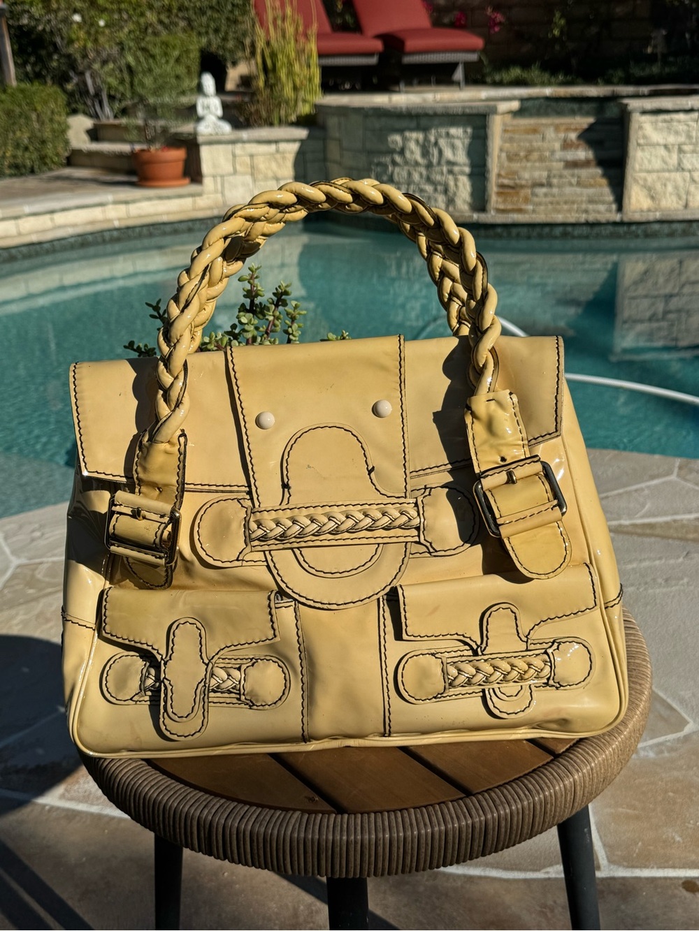 Valentino Garavani Braided-Handle Yellow Leather Satchel